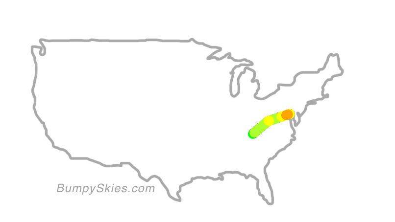 Map of continental US with illustrated flight path and turbulence forecast (described in text below)