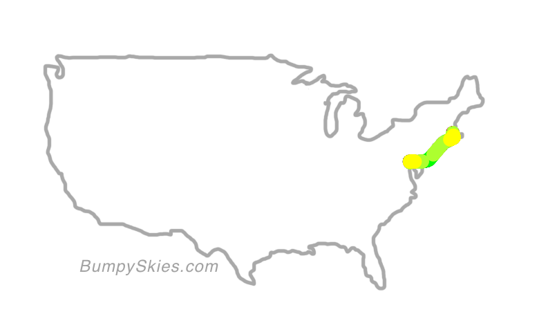 Map of continental US with illustrated flight path and turbulence forecast (described in text below)