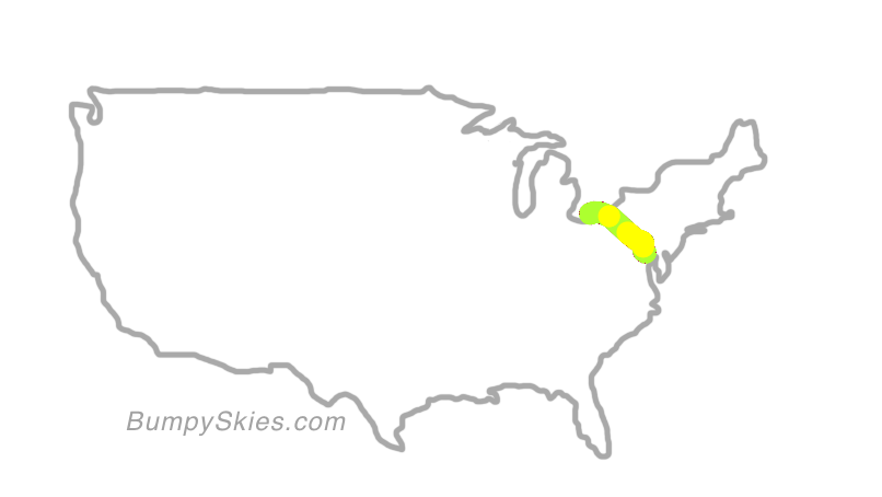 Map of continental US with illustrated flight path and turbulence forecast (described in text below)