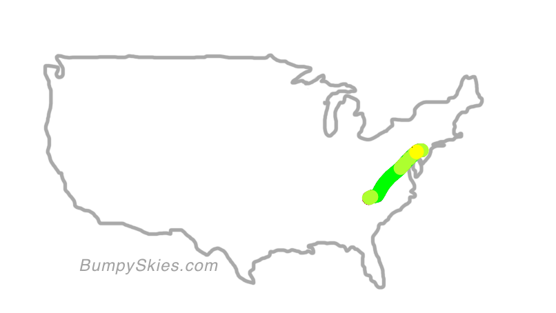 Map of continental US with illustrated flight path and turbulence forecast (described in text below)