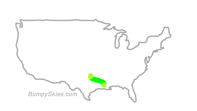 Map of continental US with illustrated flight path and turbulence forecast (described in text below)