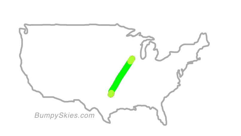 Map of continental US with illustrated flight path and turbulence forecast (described in text below)