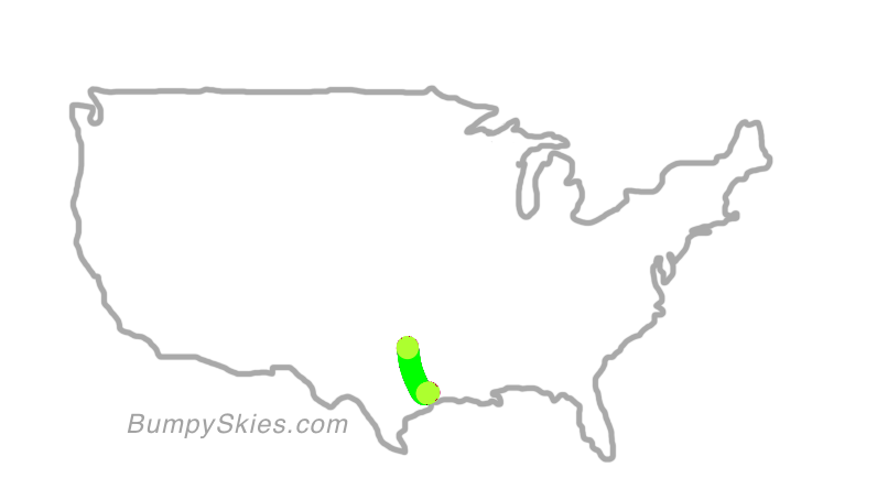 Map of continental US with illustrated flight path and turbulence forecast (described in text below)