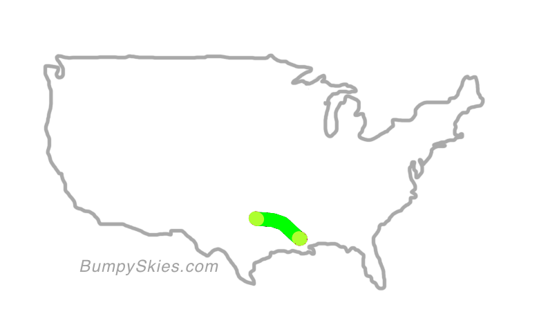 Map of continental US with illustrated flight path and turbulence forecast (described in text below)