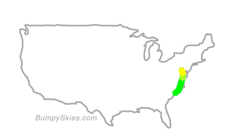 Map of continental US with illustrated flight path and turbulence forecast (described in text below)