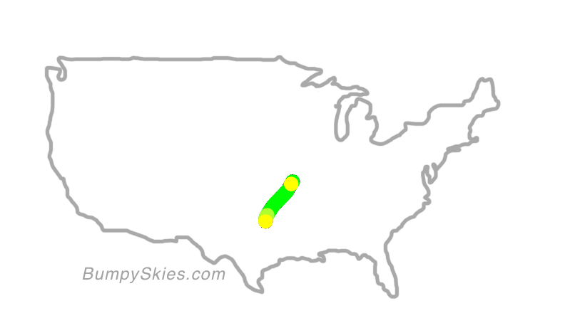 Map of continental US with illustrated flight path and turbulence forecast (described in text below)
