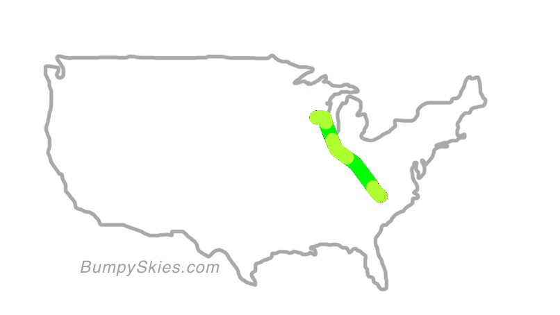 Map of continental US with illustrated flight path and turbulence forecast (described in text below)