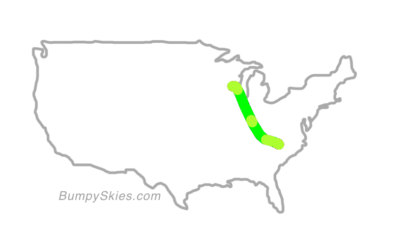 Map of continental US with illustrated flight path and turbulence forecast (described in text below)