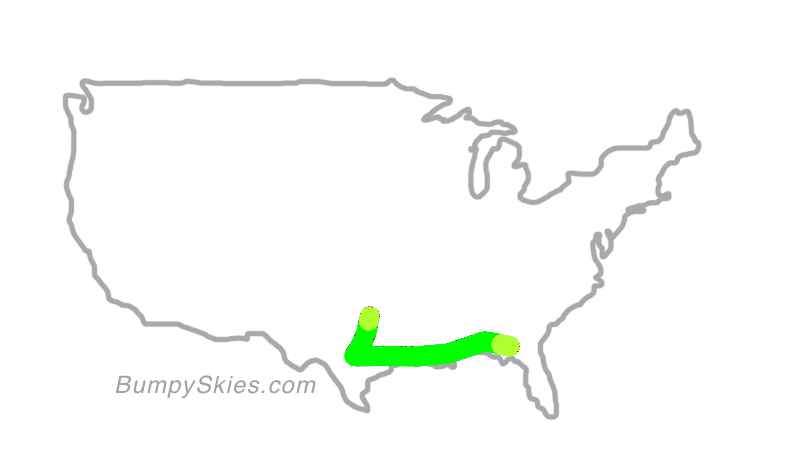 Map of continental US with illustrated flight path and turbulence forecast (described in text below)