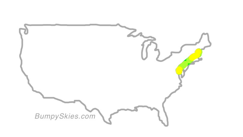 Map of continental US with illustrated flight path and turbulence forecast (described in text below)