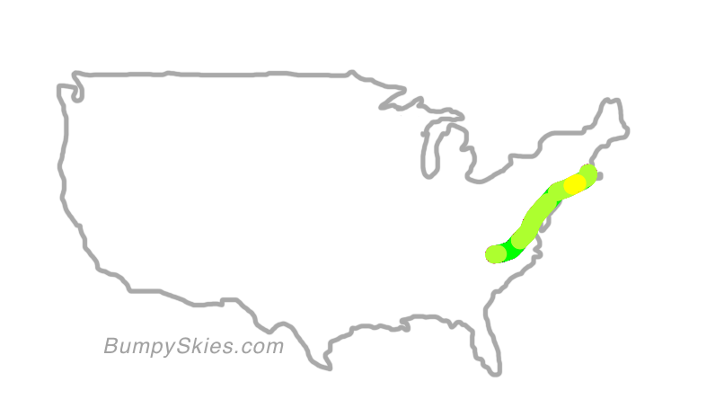 Map of continental US with illustrated flight path and turbulence forecast (described in text below)