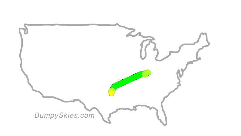 Map of continental US with illustrated flight path and turbulence forecast (described in text below)