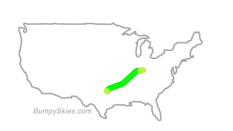 Map of continental US with illustrated flight path and turbulence forecast (described in text below)