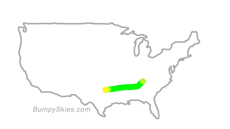 Map of continental US with illustrated flight path and turbulence forecast (described in text below)