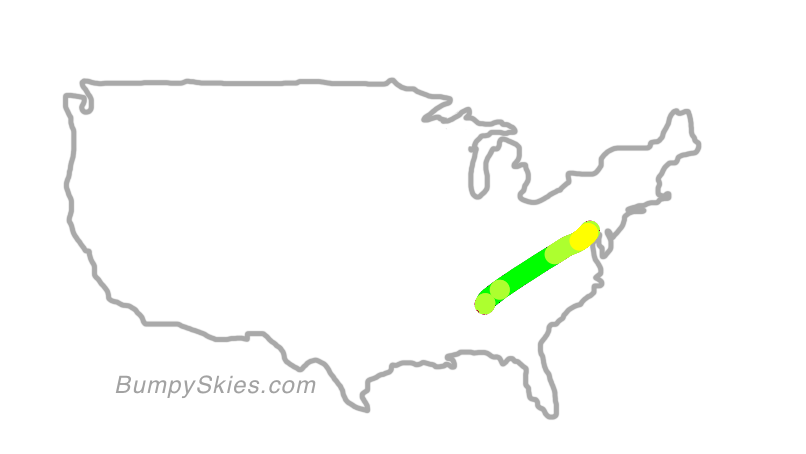 Map of continental US with illustrated flight path and turbulence forecast (described in text below)