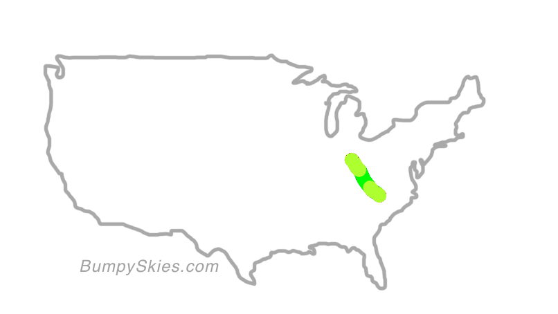 Map of continental US with illustrated flight path and turbulence forecast (described in text below)