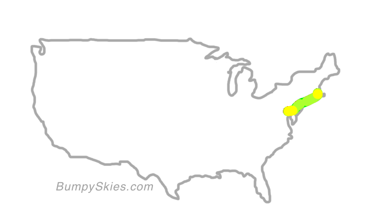 Map of continental US with illustrated flight path and turbulence forecast (described in text below)