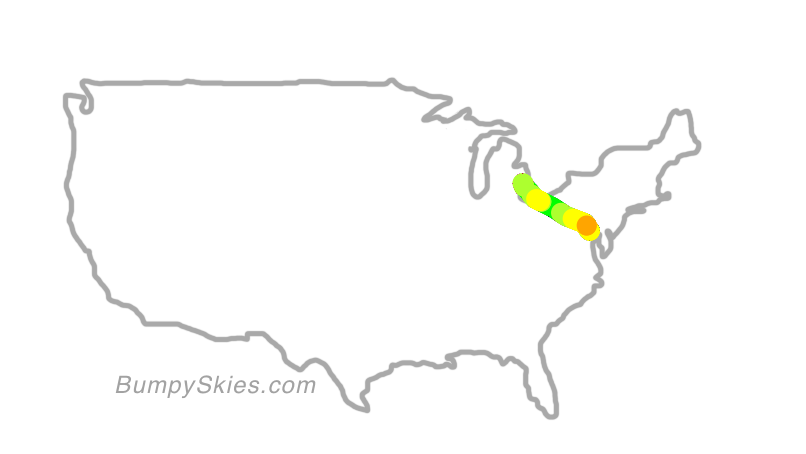 Map of continental US with illustrated flight path and turbulence forecast (described in text below)
