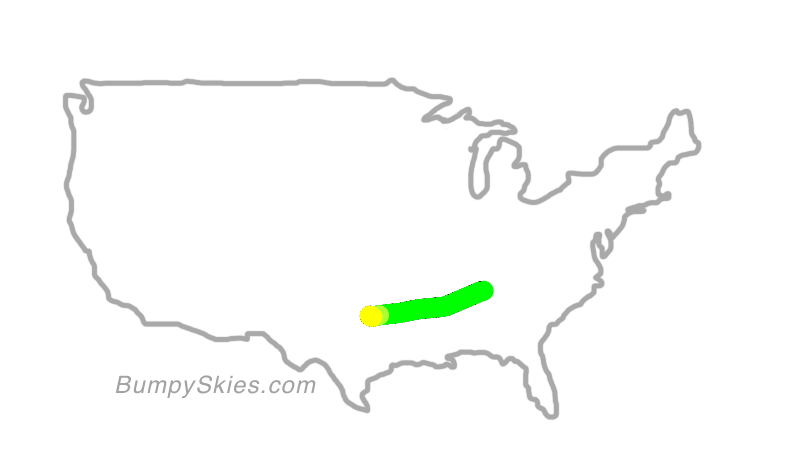 Map of continental US with illustrated flight path and turbulence forecast (described in text below)