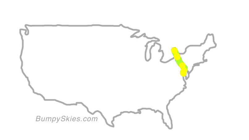 Map of continental US with illustrated flight path and turbulence forecast (described in text below)