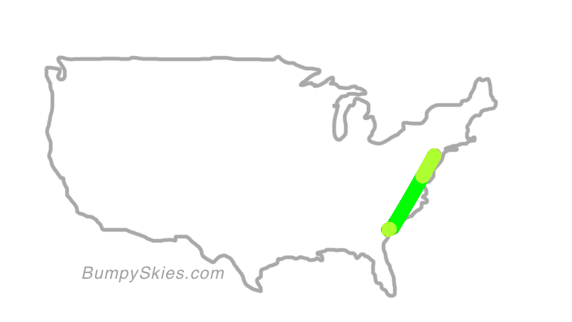 Map of continental US with illustrated flight path and turbulence forecast (described in text below)