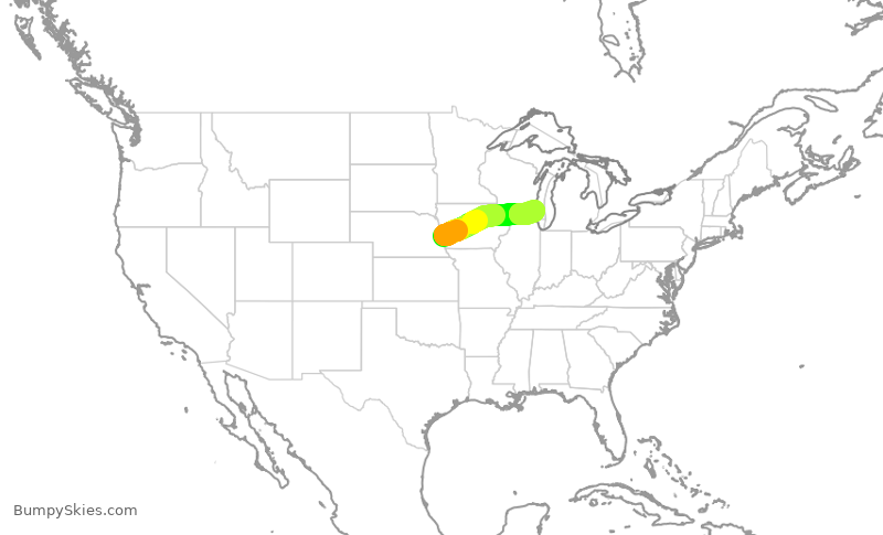 Turbulence forecast map for JTL334, OMA to MKE