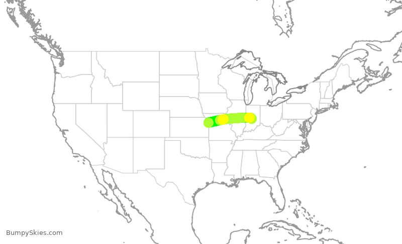 Turbulence forecast map for JTL40, MKC to IND