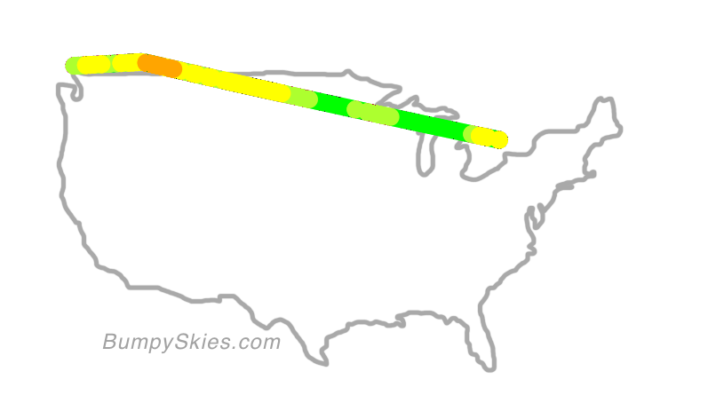 Map of continental US with illustrated flight path and turbulence forecast (described in text below)