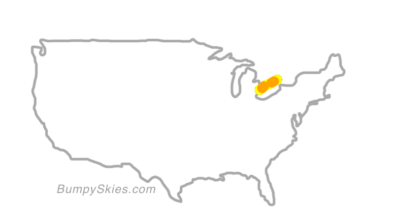 Map of continental US with illustrated flight path and turbulence forecast (described in text below)