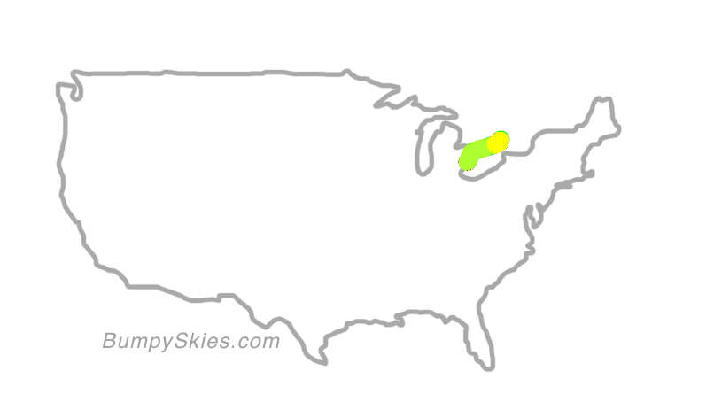 Map of continental US with illustrated flight path and turbulence forecast (described in text below)