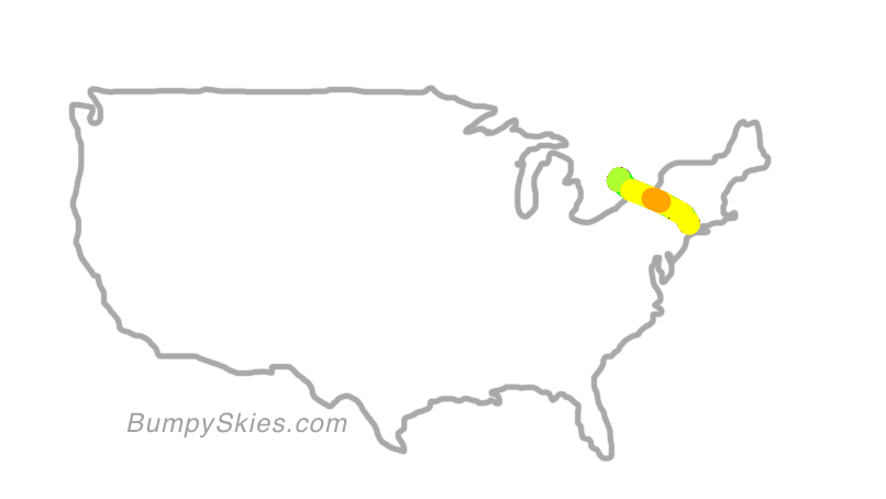 Map of continental US with illustrated flight path and turbulence forecast (described in text below)