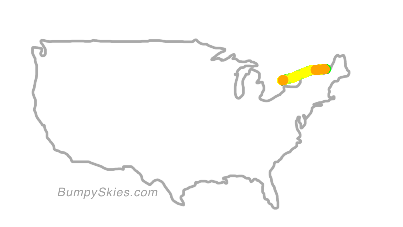 Map of continental US with illustrated flight path and turbulence forecast (described in text below)