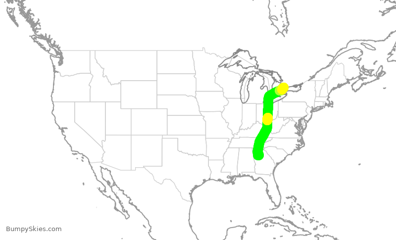 Turbulence forecast map for JZA502, ATL to YYZ