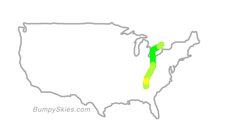 Map of continental US with illustrated flight path and turbulence forecast (described in text below)
