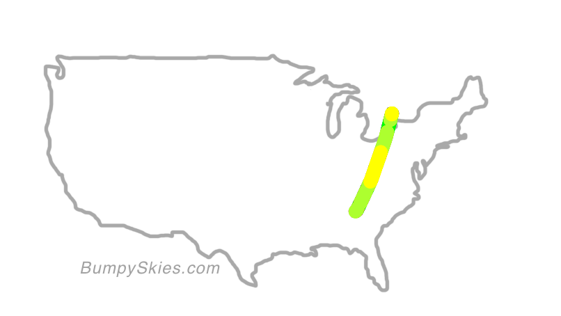 Map of continental US with illustrated flight path and turbulence forecast (described in text below)