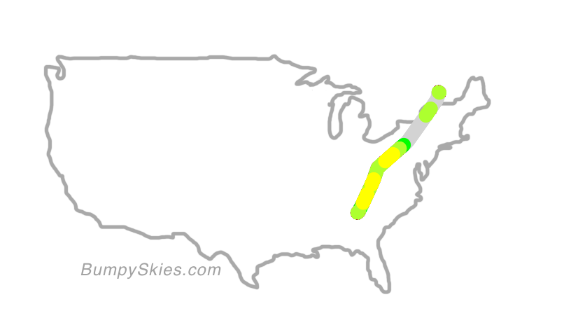 Map of continental US with illustrated flight path and turbulence forecast (described in text below)