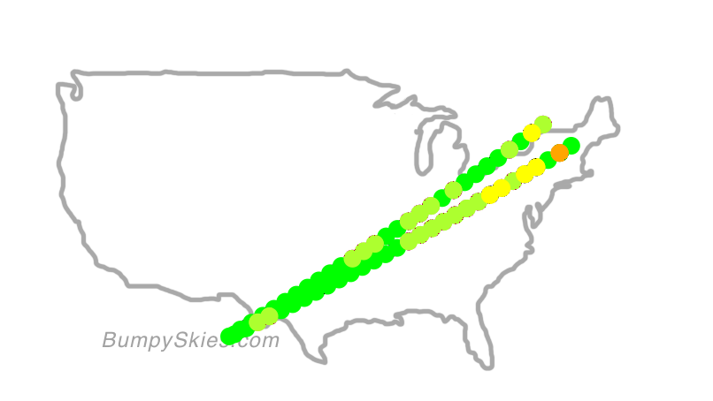 Map of continental US with illustrated flight path and turbulence forecast (described in text below)
