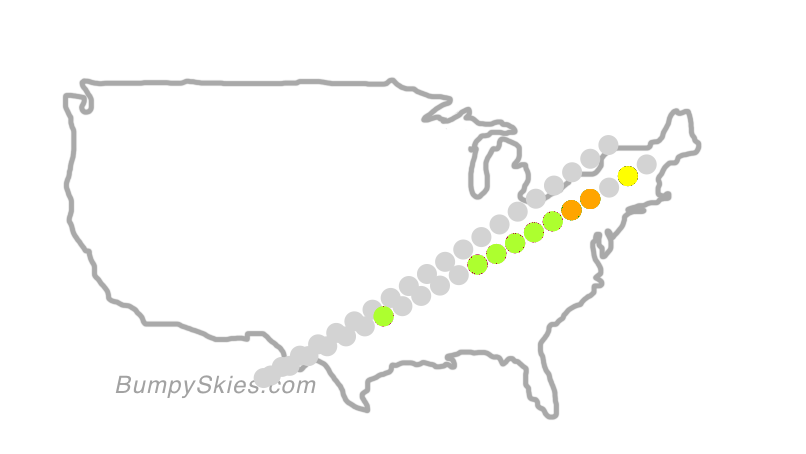 Map of continental US with illustrated flight path and turbulence forecast (described in text below)