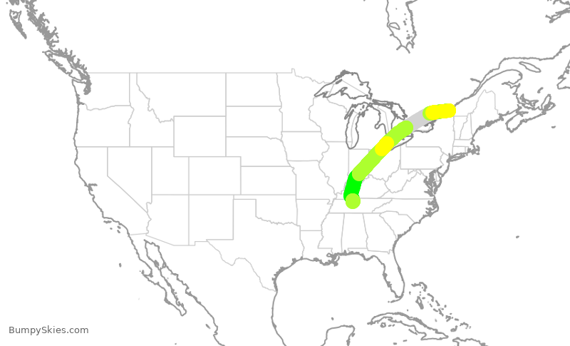 Turbulence forecast map for JZA625, YUL to BNA