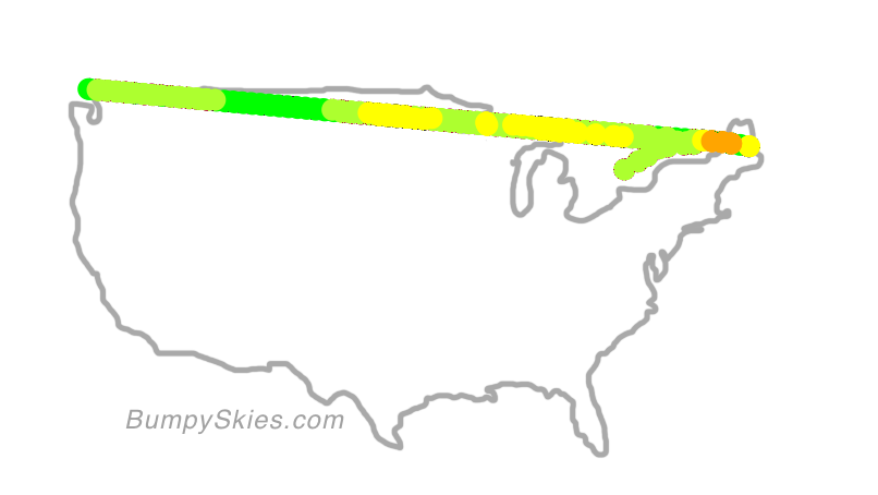 Map of continental US with illustrated flight path and turbulence forecast (described in text below)