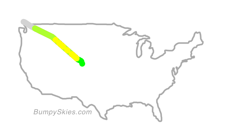 Map of continental US with illustrated flight path and turbulence forecast (described in text below)