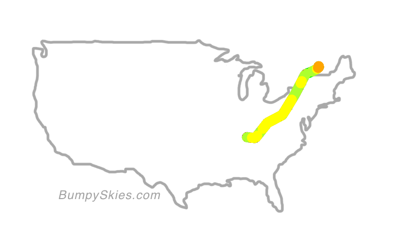 Map of continental US with illustrated flight path and turbulence forecast (described in text below)