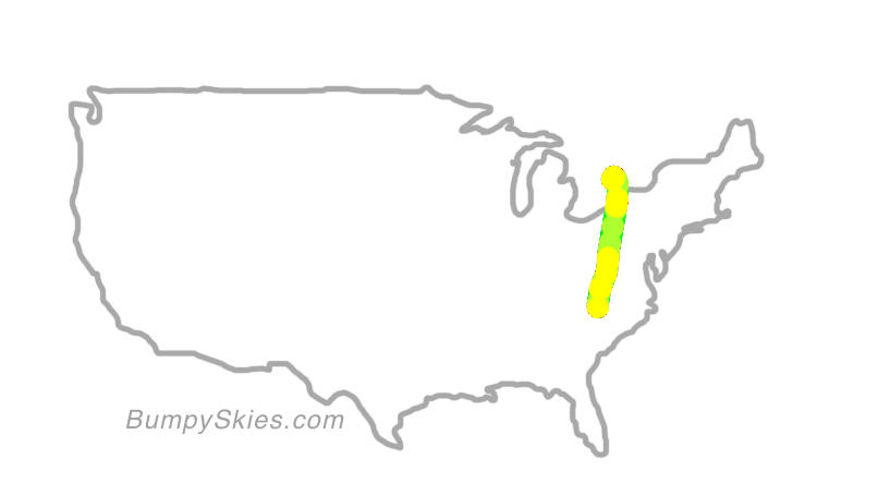Map of continental US with illustrated flight path and turbulence forecast (described in text below)