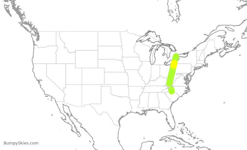 Turbulence forecast map for JZA747, YYZ to CLT