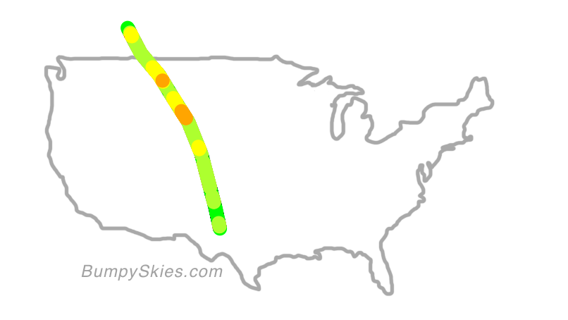Map of continental US with illustrated flight path and turbulence forecast (described in text below)
