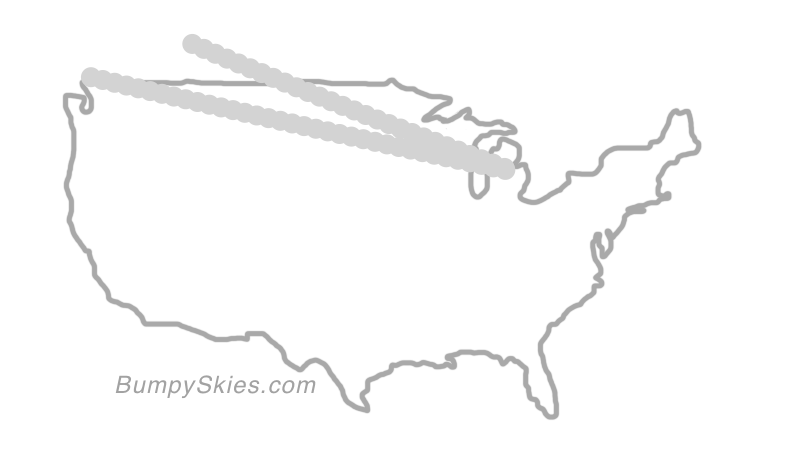 Map of continental US with illustrated flight path and turbulence forecast (described in text below)
