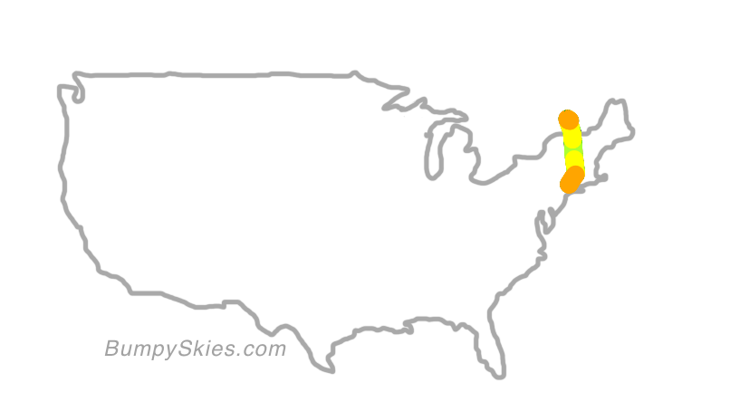 Map of continental US with illustrated flight path and turbulence forecast (described in text below)