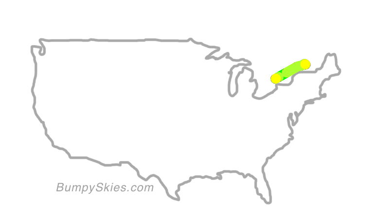 Map of continental US with illustrated flight path and turbulence forecast (described in text below)
