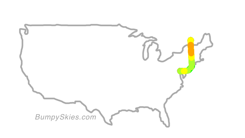 Map of continental US with illustrated flight path and turbulence forecast (described in text below)