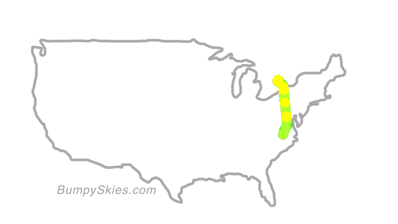Map of continental US with illustrated flight path and turbulence forecast (described in text below)